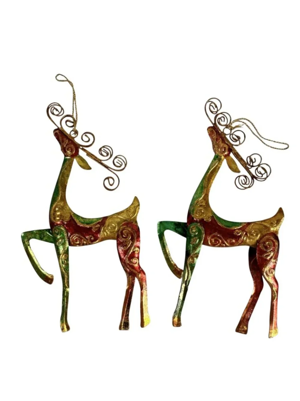 Pier 1 Elegant Prancing Reindeer Red Green Gold Filigree Ornaments 7” Set Of 2